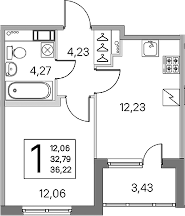 1-комнатная квартира 32.79 м², 5/5 эт., ЖК «ЮгТаун. Олимпийские кварталы»